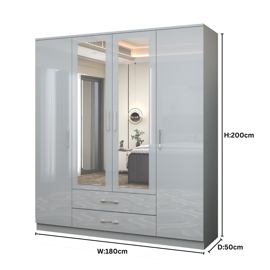 High Gloss 4-Doors Wardrobe with Mirror