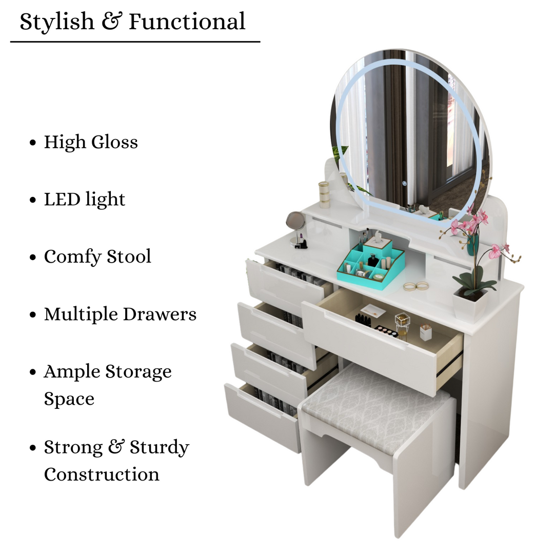 High Gloss Dressing Table with LED Mirror & Stool