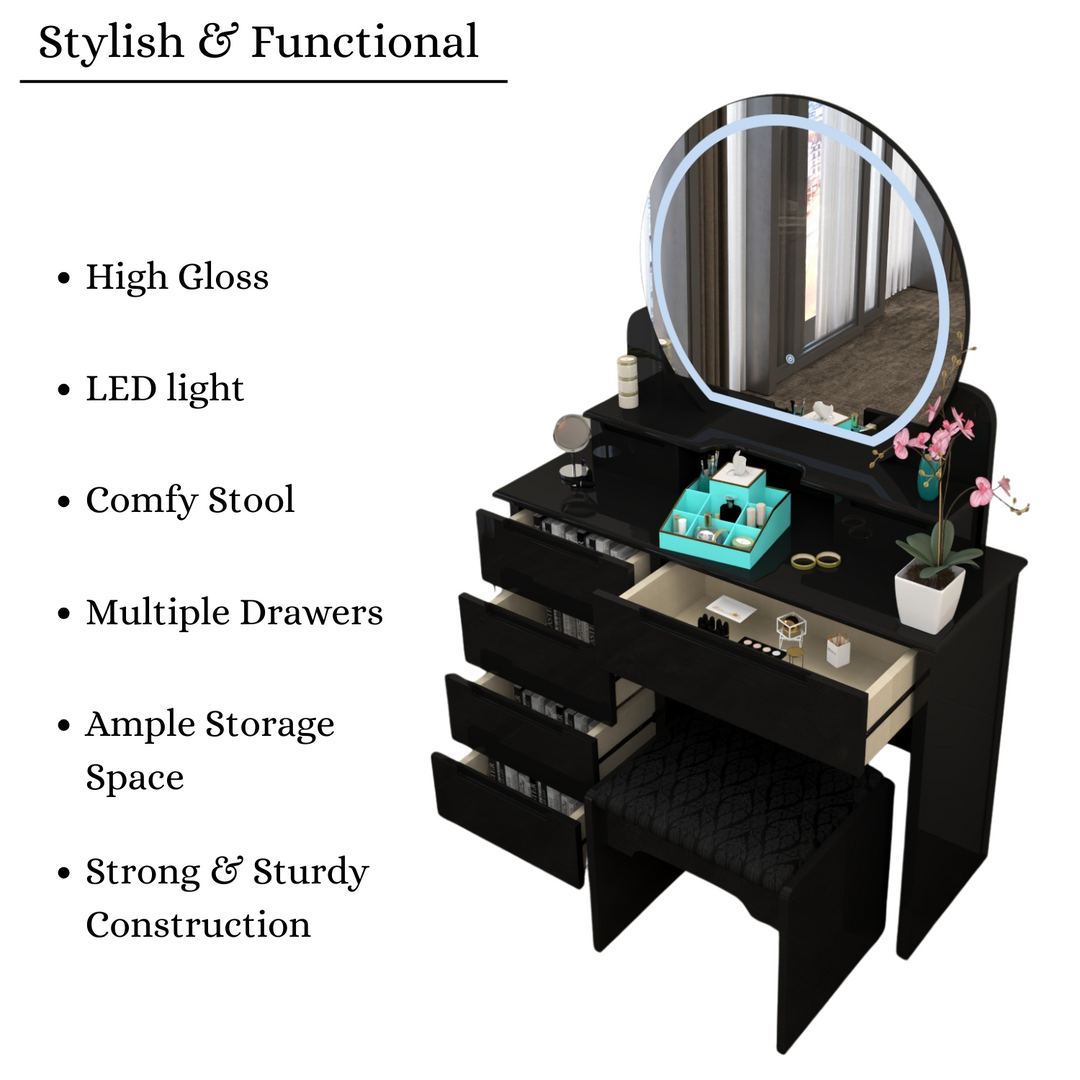 High Gloss Dressing Table with LED Mirror & Stool