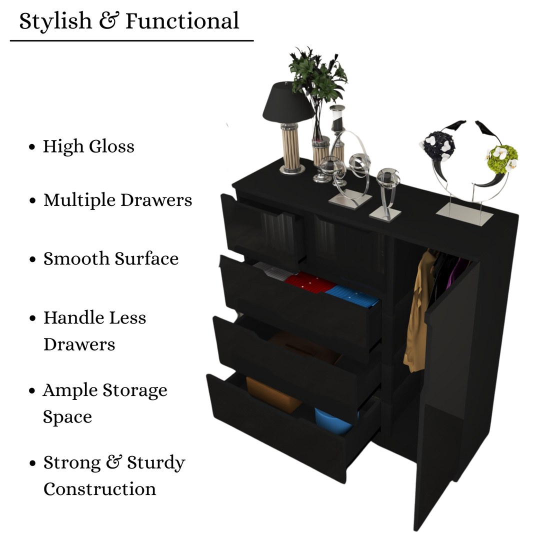 5-Drawers High Gloss Chest of Drawer with Side Hanging Cabinet