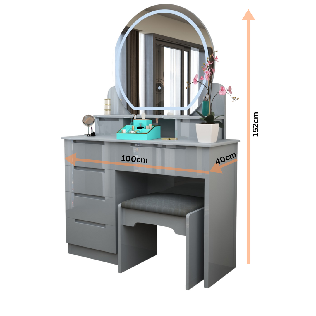 High Gloss Dressing Table with LED Mirror & Stool