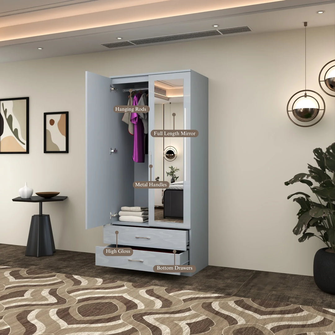 2-Doors High Gloss Wardrobe with Drawers