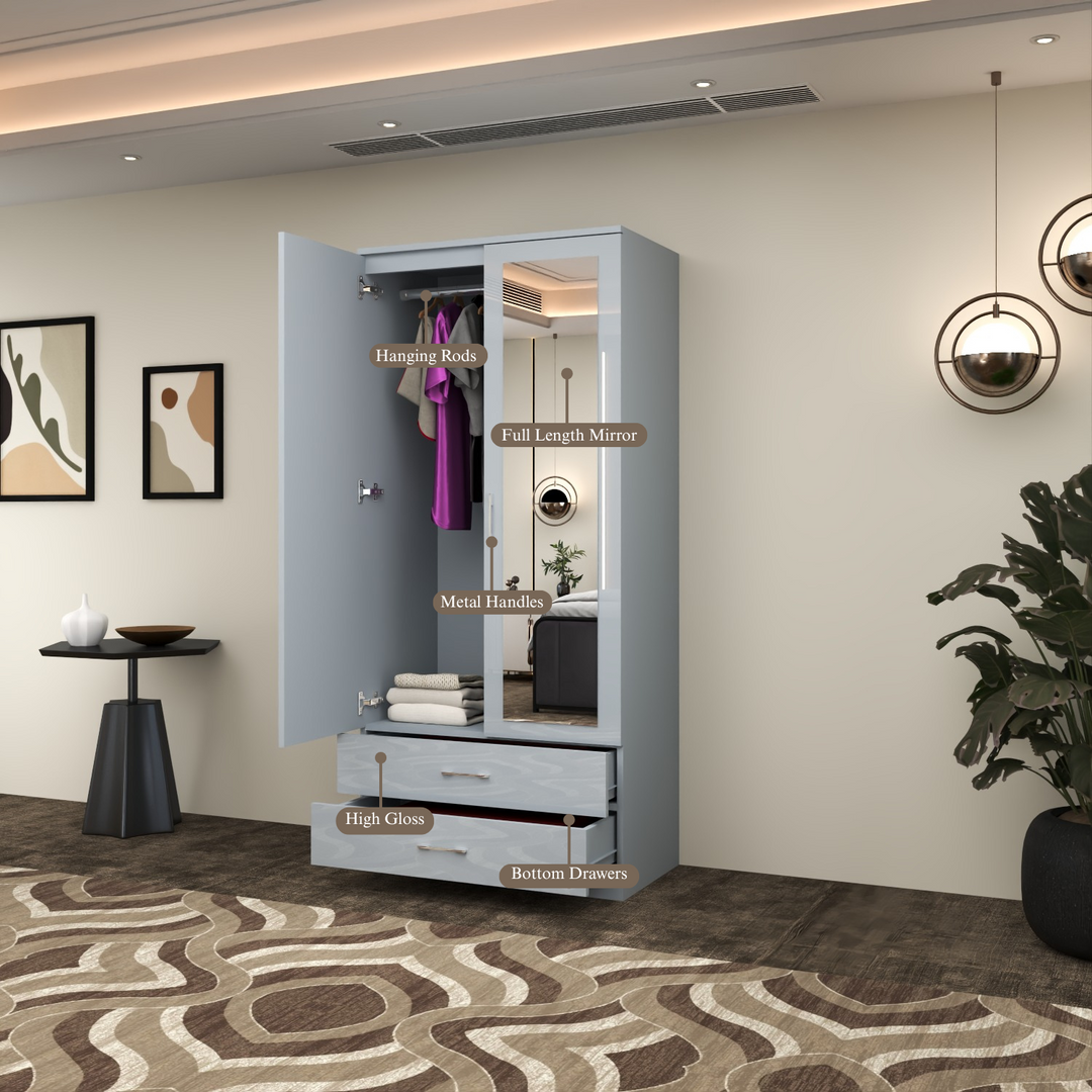 2-Doors High Gloss Wardrobe with Drawers