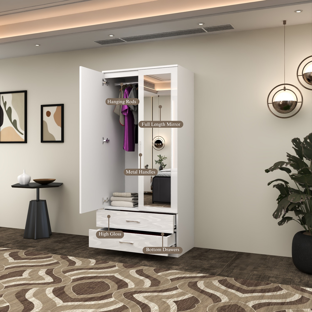 2-Doors High Gloss Wardrobe with Drawers