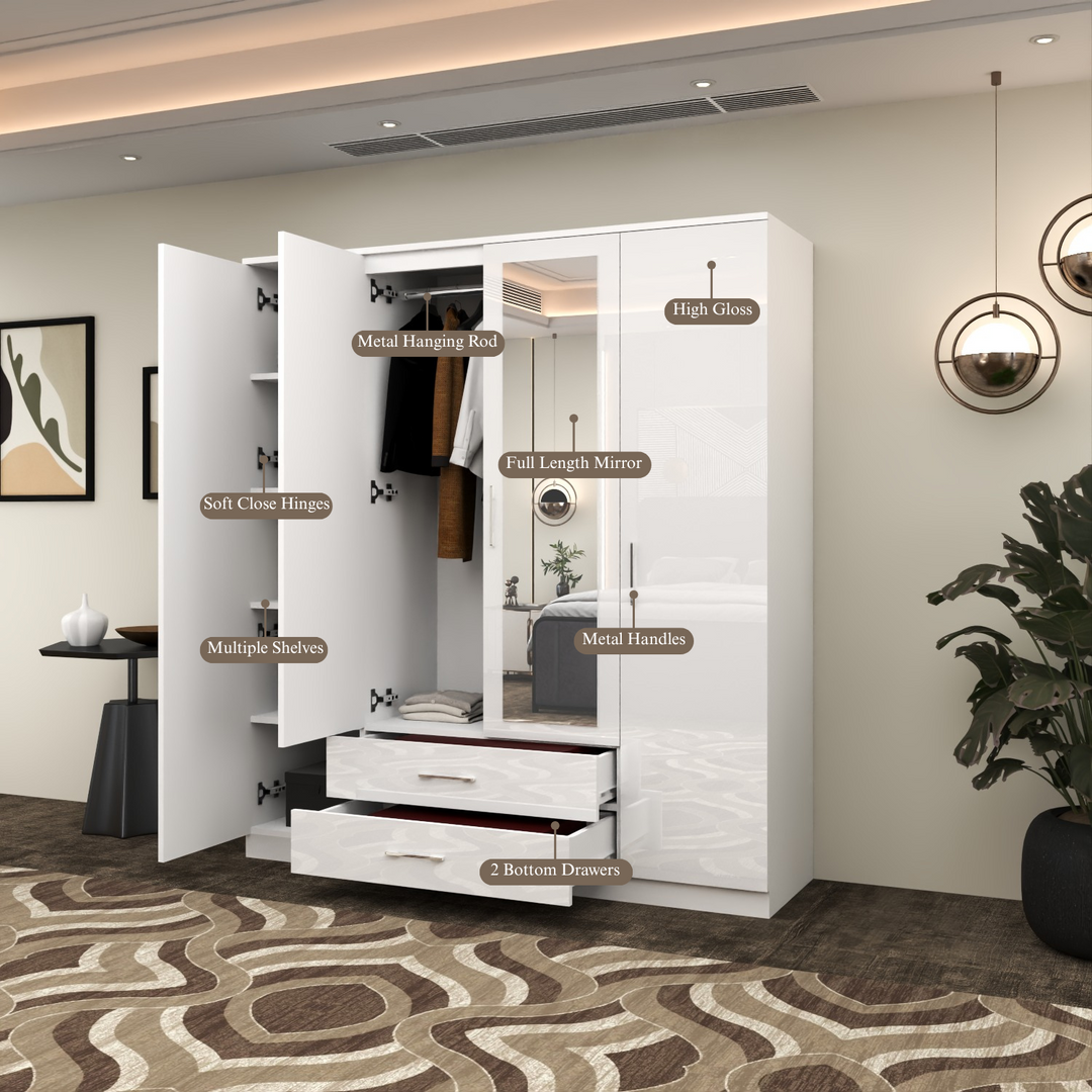 High Gloss 4-Doors Wardrobe with Mirror