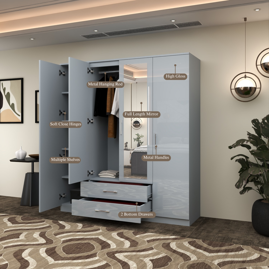 High Gloss 4-Doors Wardrobe with Mirror