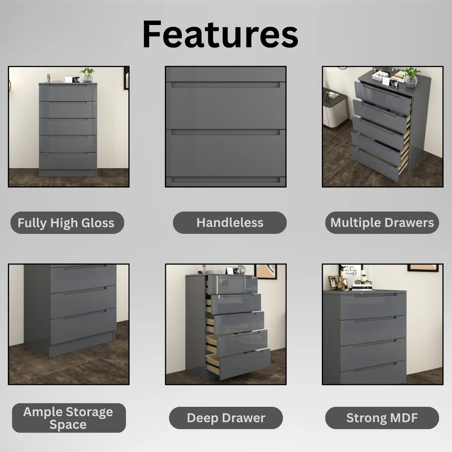 Astoria 5 Drawers Chest Gray