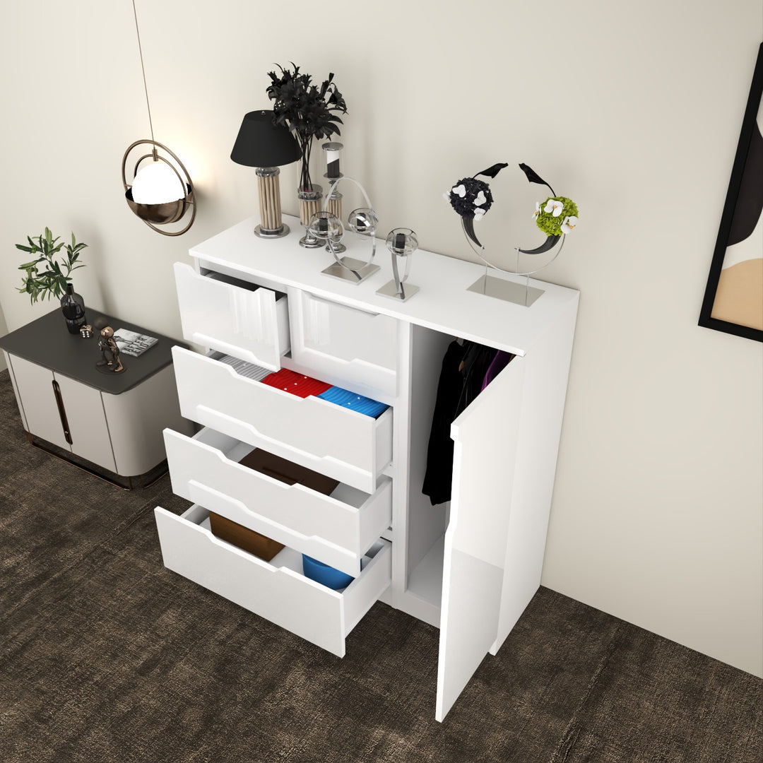 5-Drawers High Gloss Chest of Drawer with Side Hanging Cabinet