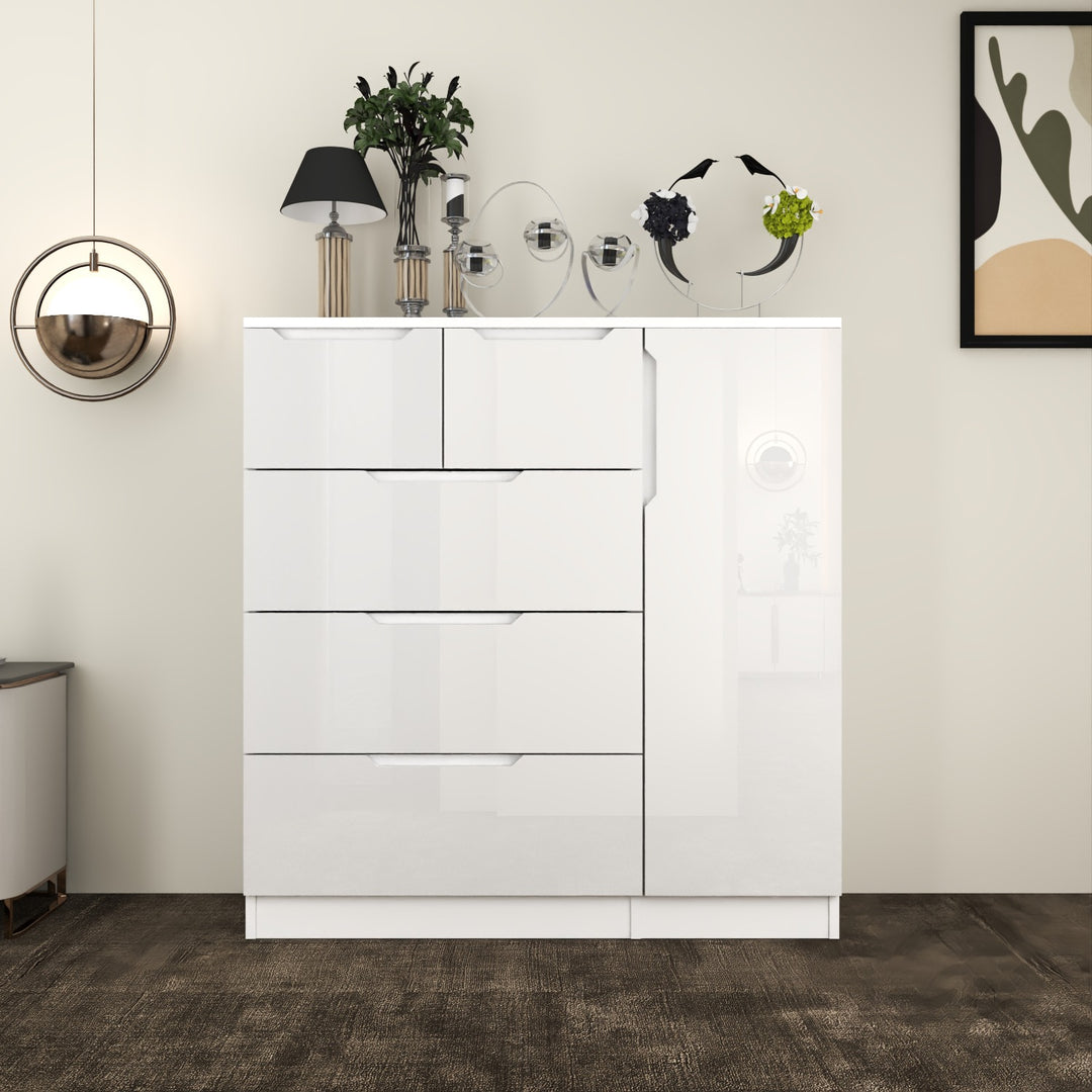 5-Drawers High Gloss Chest of Drawer with Side Hanging Cabinet