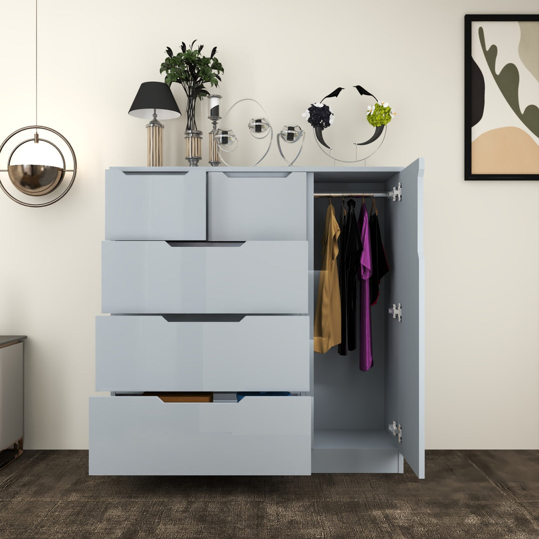 5-Drawers High Gloss Chest of Drawer with Side Hanging Cabinet
