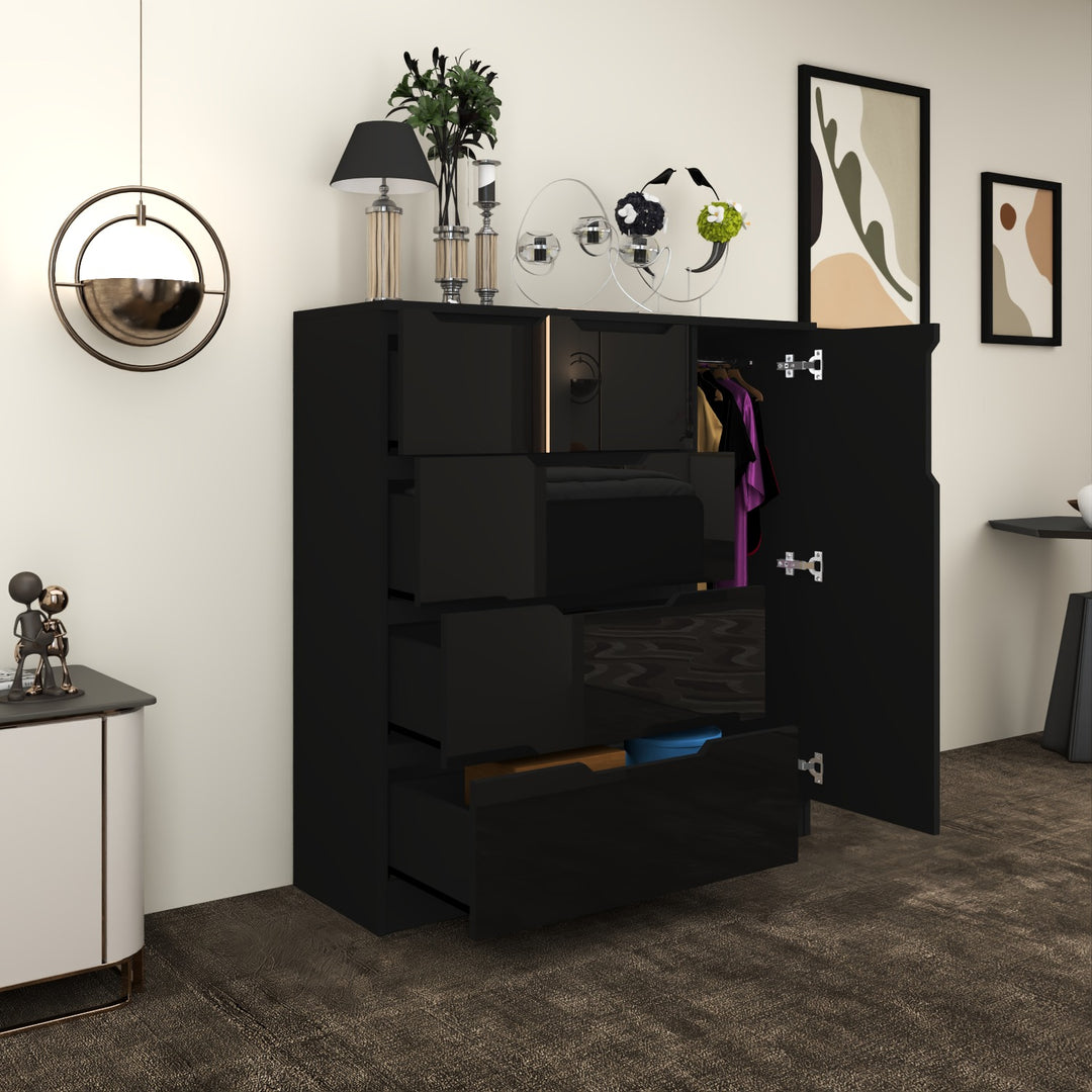 5-Drawers High Gloss Chest of Drawer with Side Hanging Cabinet