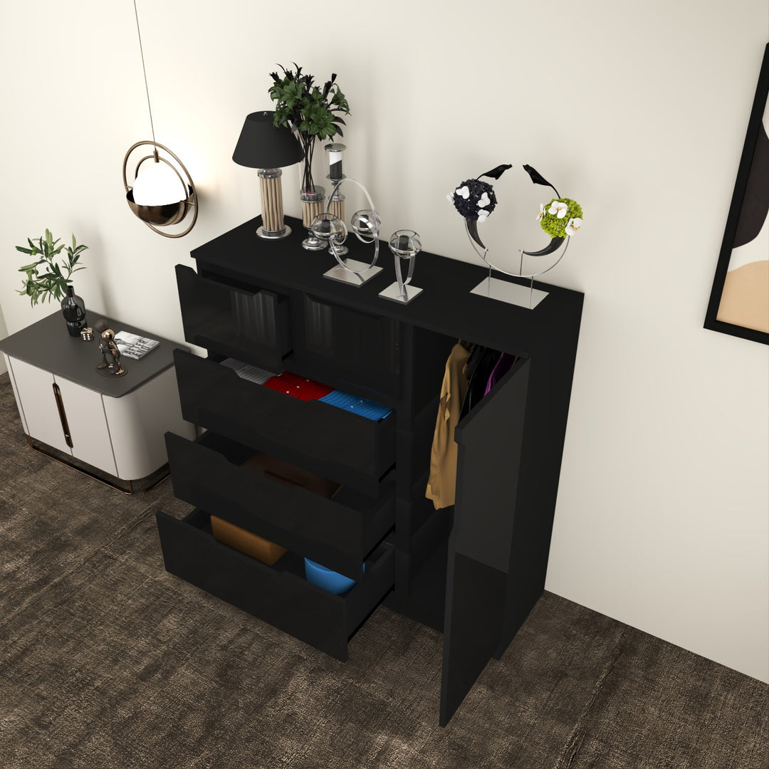 5-Drawers High Gloss Chest of Drawer with Side Hanging Cabinet
