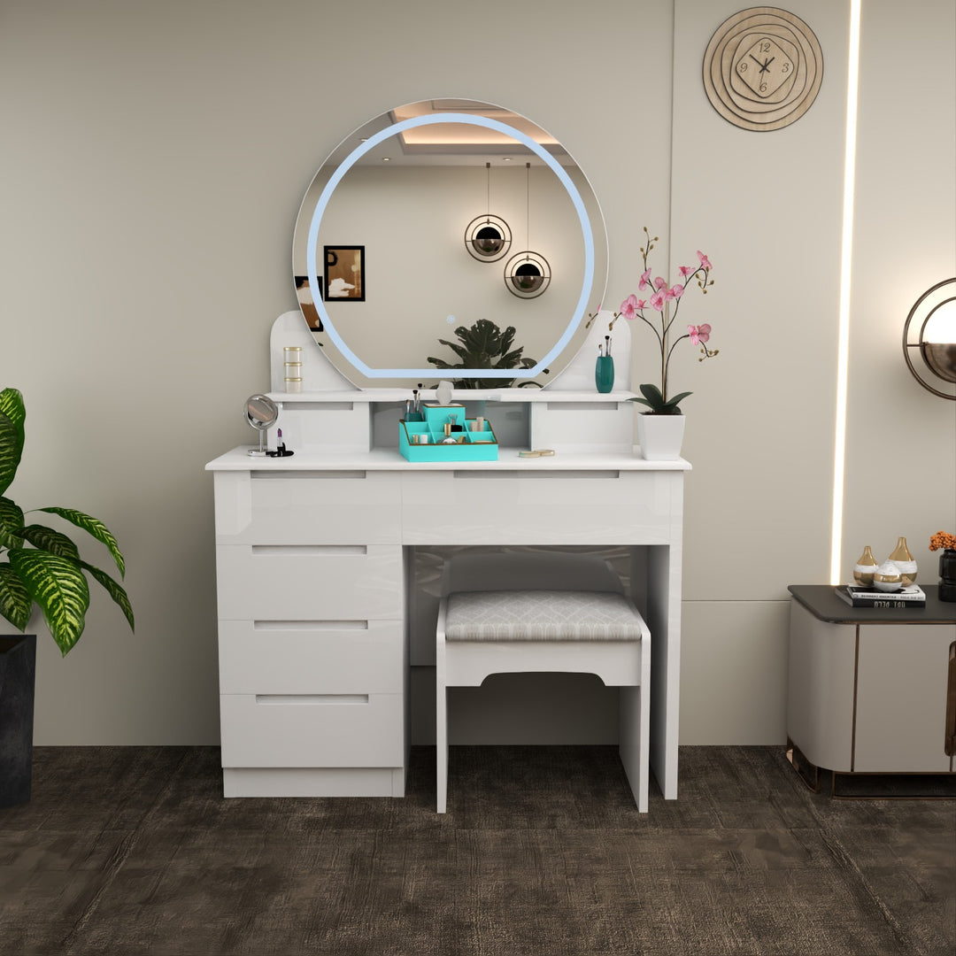 High Gloss Dressing Table with LED Mirror & Stool