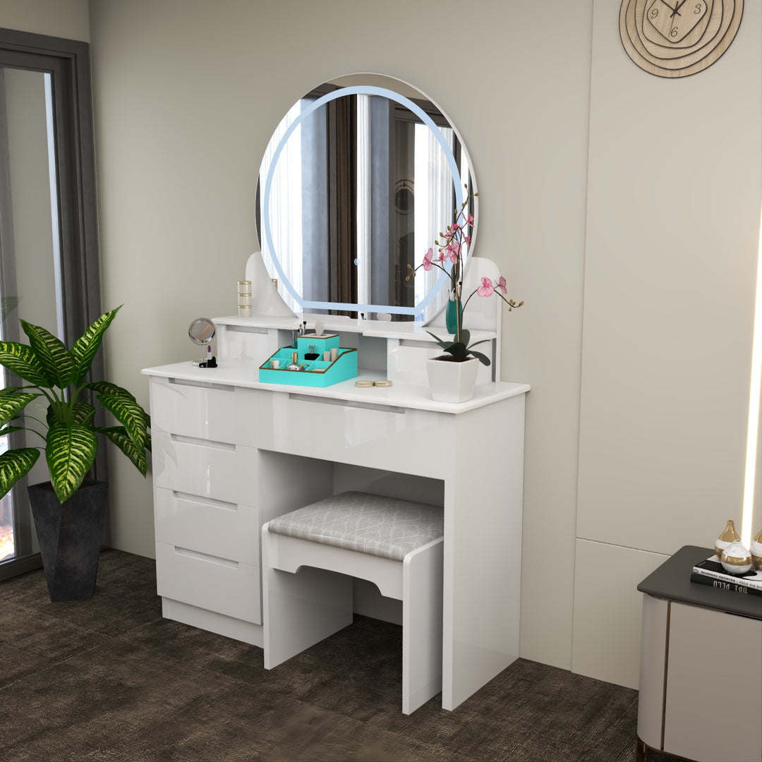 High Gloss Dressing Table with LED Mirror & Stool