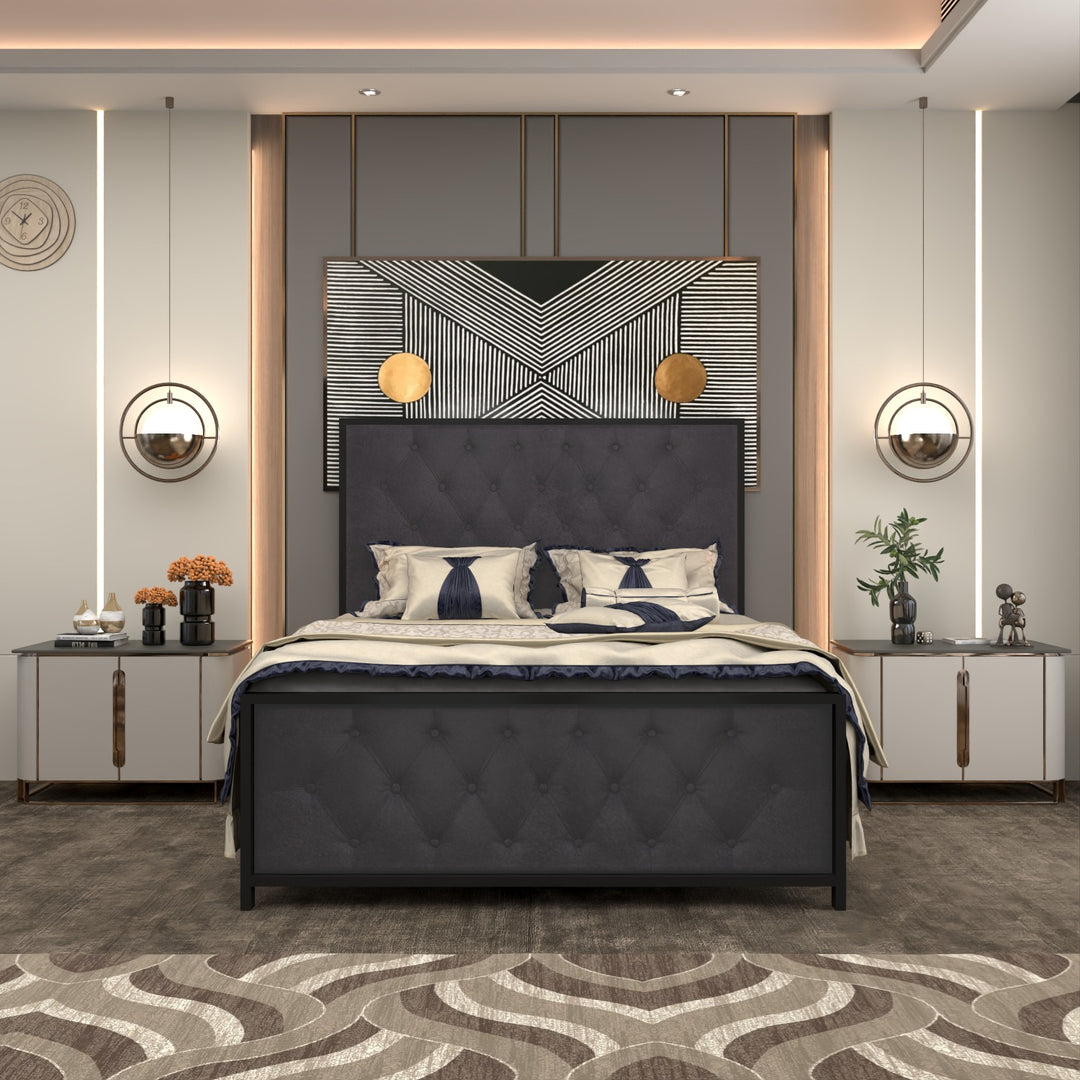 Metal Bed Frame with Tufted Diamond Upholstery