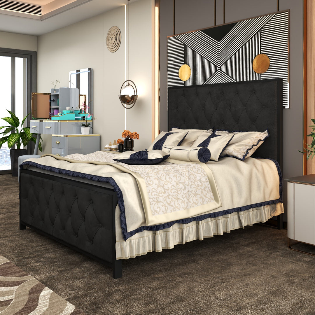 Metal Bed Frame with Tufted Diamond Upholstery