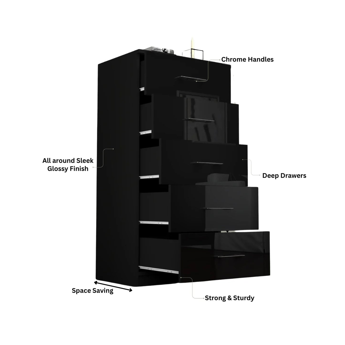 Riga 5 Drawers Chest | COLOR: Black | SIZE: 60cm , 80cm 