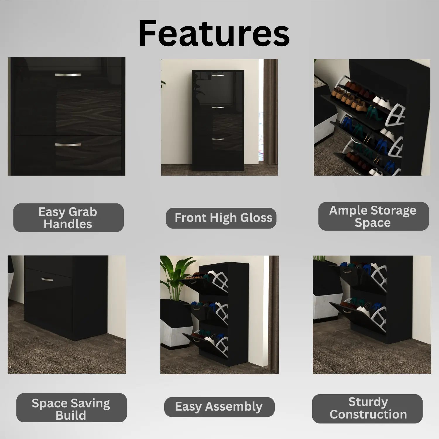 Solace 3 Tier Shoe Rack  Black